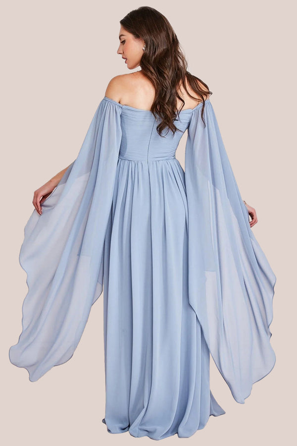 Goddiva Chiffon Off The Shoulder Maxi With Cape Sleeves - Blue By Goddiva