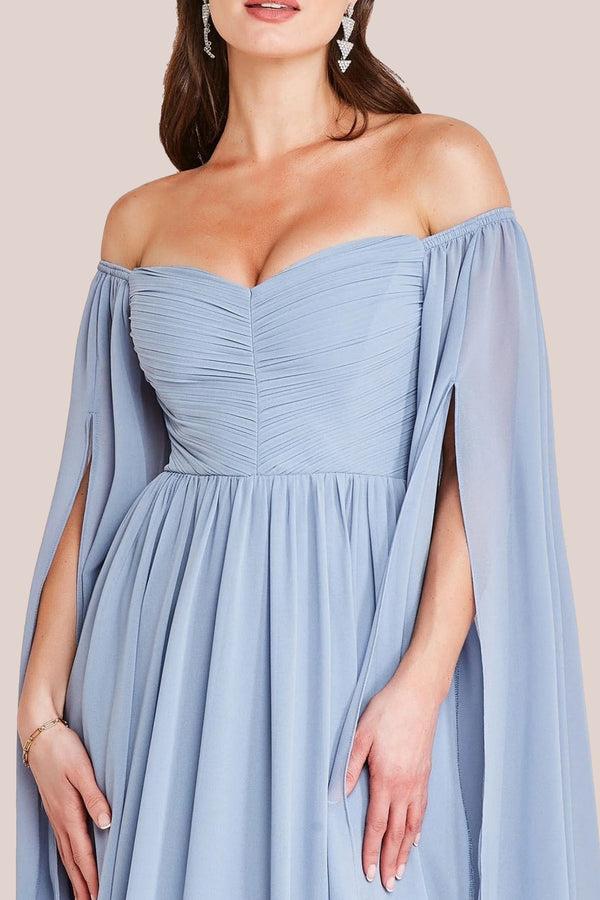 Goddiva Chiffon Off The Shoulder Maxi With Cape Sleeves - Blue By Goddiva