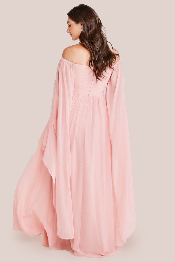 Goddiva Chiffon Off The Shoulder Maxi With Cape Sleeves - Blush By Goddiva