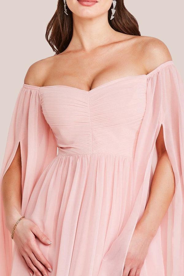 Goddiva Chiffon Off The Shoulder Maxi With Cape Sleeves - Blush By Goddiva