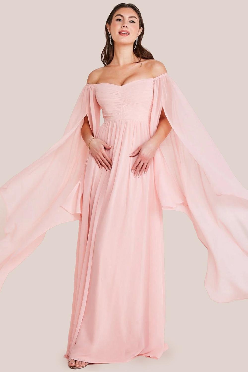 goddiva Chiffon Off The Shoulder Maxi With Cape Sleeves - Blush by Goddiva