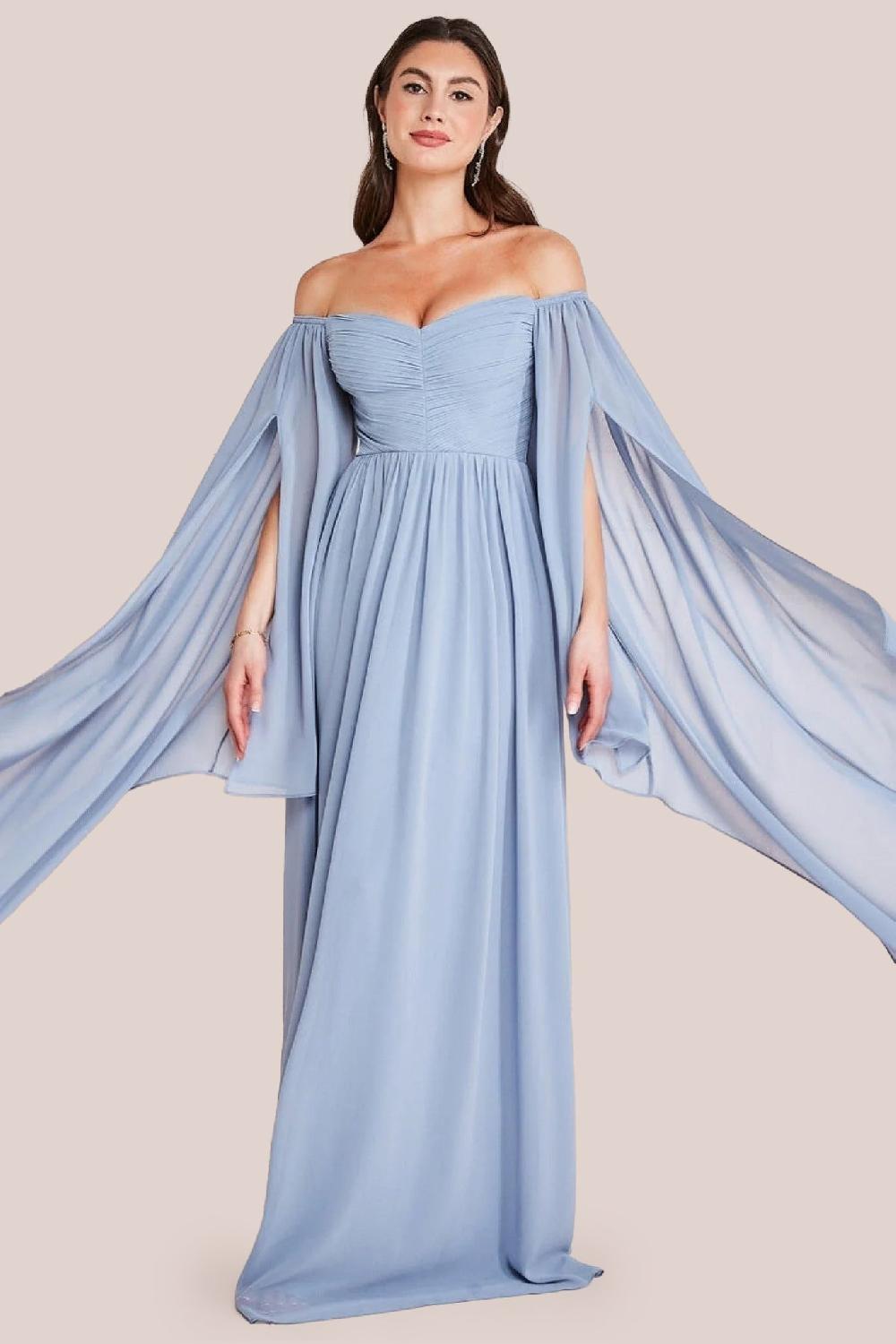 goddiva Chiffon Off The Shoulder Maxi With Cape Sleeves - Blue by Goddiva