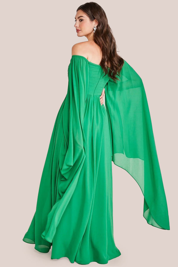 Goddiva Chiffon Off The Shoulder Maxi With Cape Sleeves - Green By Goddiva