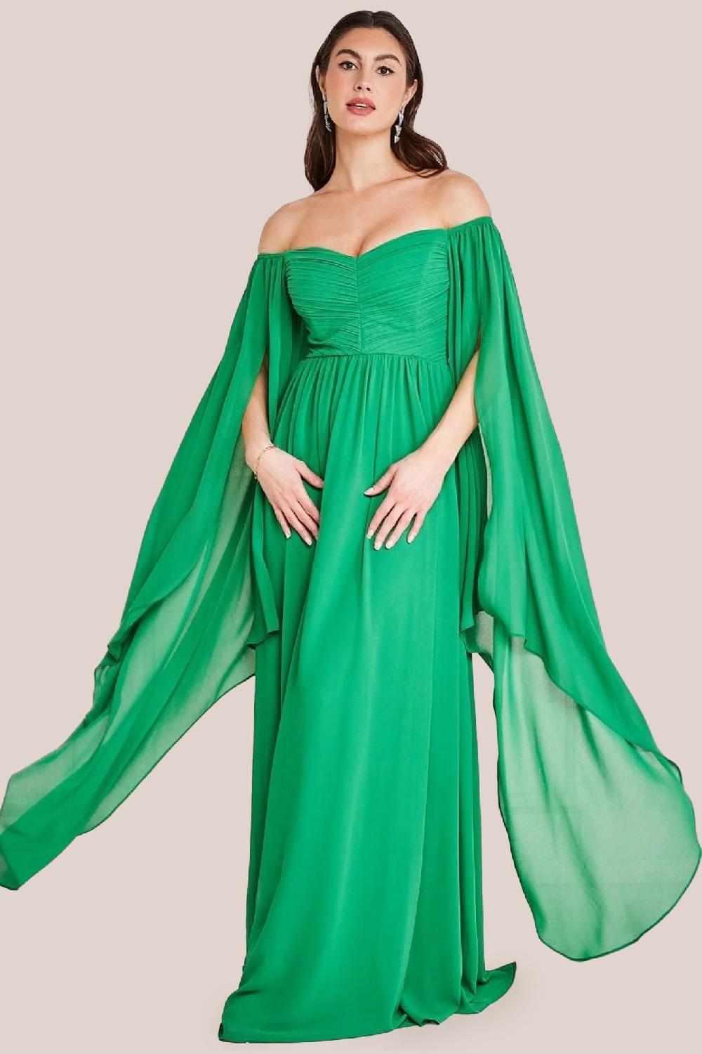 goddiva Chiffon Off The Shoulder Maxi With Cape Sleeves - Green by Goddiva