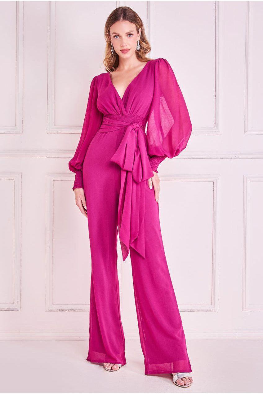 goddiva Chiffon Puffy Sleeve Jumpsuit - Magenta by Goddiva