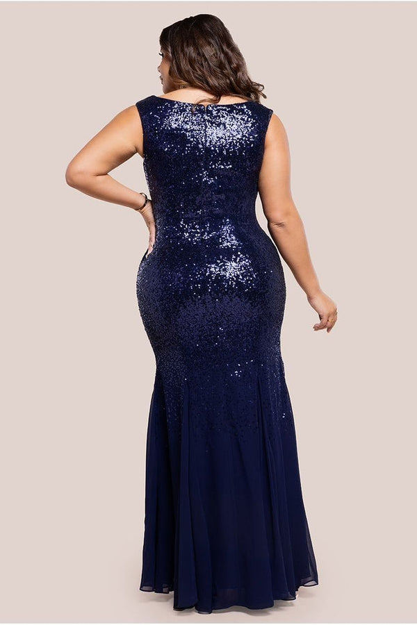 Goddiva Chiffon & Sequin Embroidered Bardot Maxi Dress - Navy Blue By Goddiva Plus