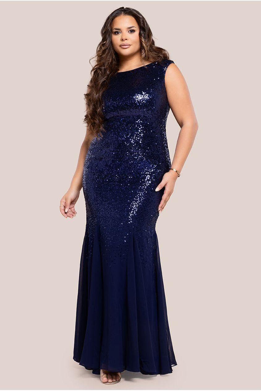 goddiva Chiffon & Sequin Embroidered Bardot Maxi Dress - Navy Blue by Goddiva Plus