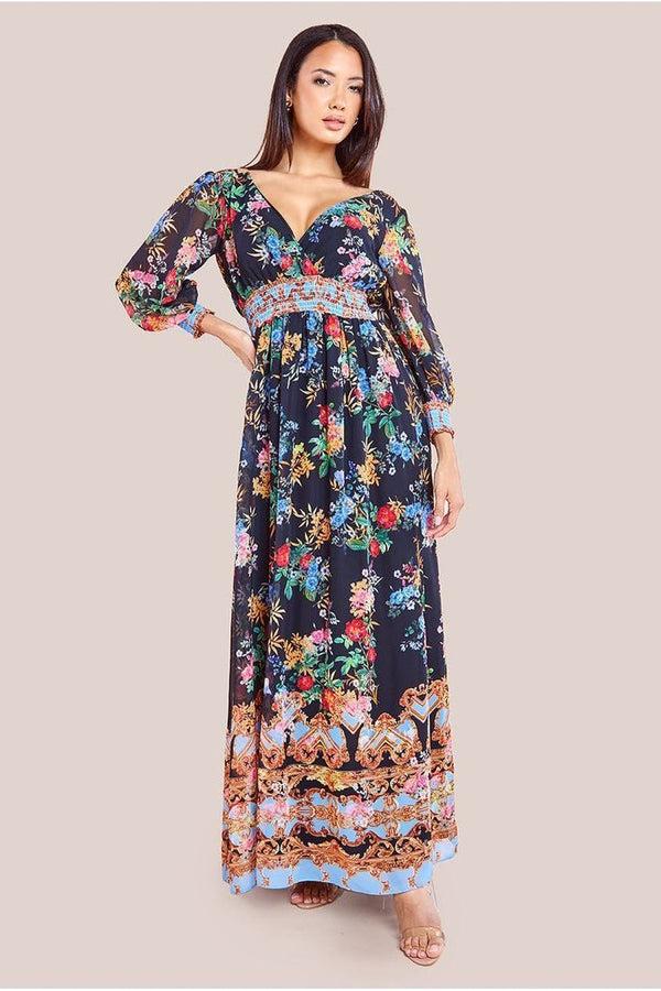 Goddiva Chiffon Wrap Border Floral Print Maxi Dress - Black By Goddiva