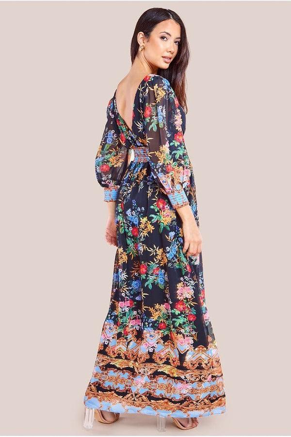 Goddiva Chiffon Wrap Border Floral Print Maxi Dress - Black By Goddiva