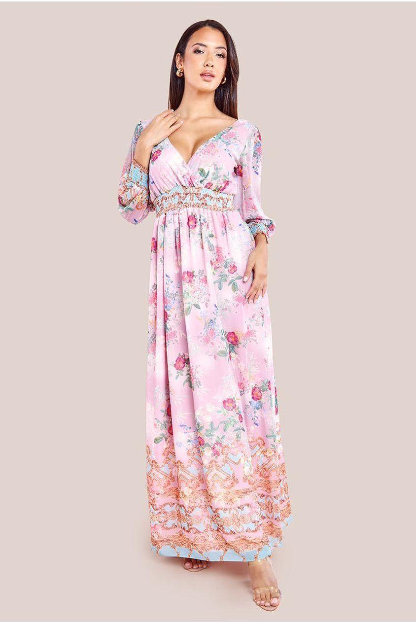 goddiva Chiffon Wrap Border Floral Print Maxi Dress - Pink by Goddiva