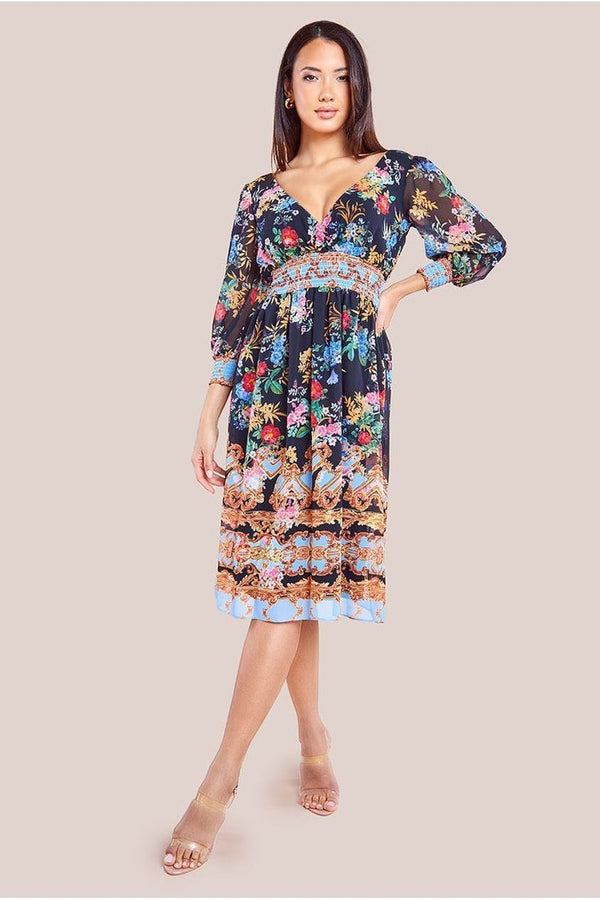 Goddiva Chiffon Wrap Border Floral Print Midi Dress - Black By Goddiva