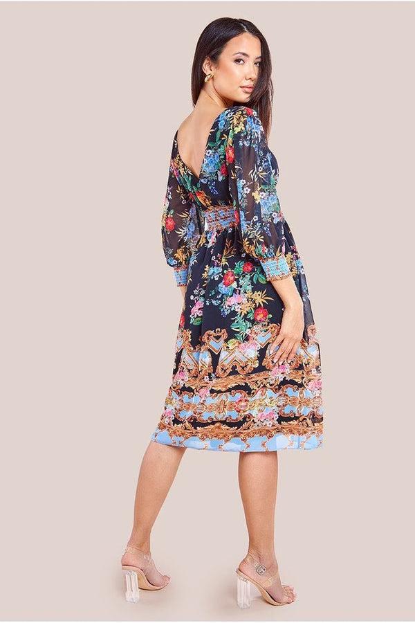 Goddiva Chiffon Wrap Border Floral Print Midi Dress - Black By Goddiva