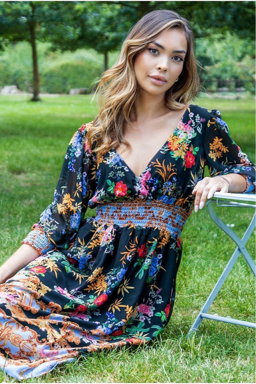 goddiva Chiffon Wrap Border Floral Print Midi Dress - Black by Goddiva