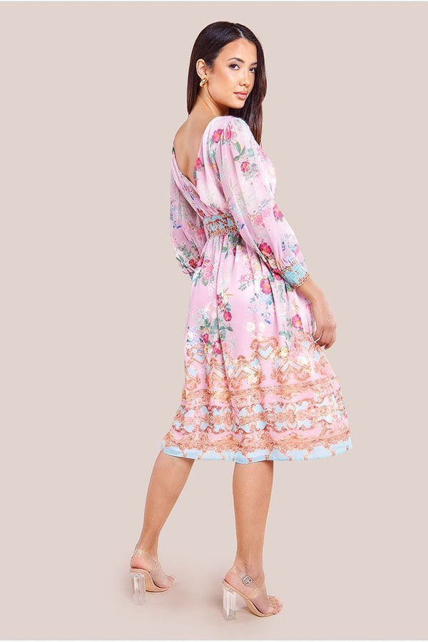 Goddiva Chiffon Wrap Border Floral Print Midi Dress - Pink By Goddiva