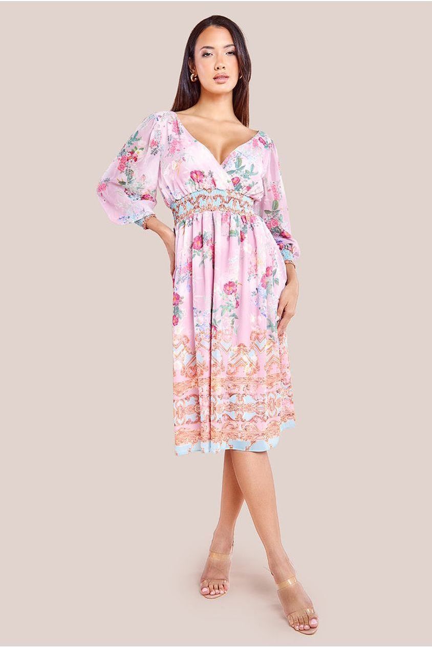 goddiva Chiffon Wrap Border Floral Print Midi Dress - Pink by Goddiva