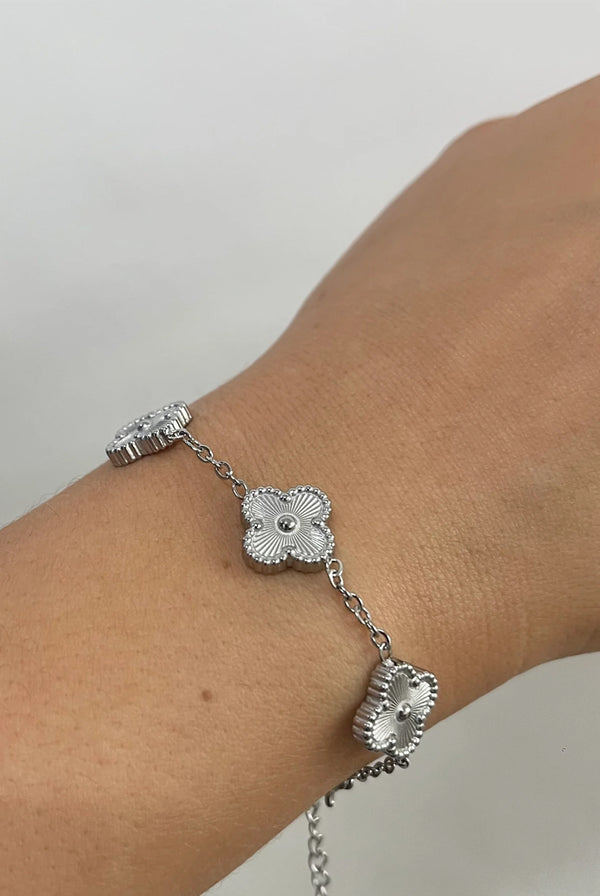 Goddiva Clover Bracelet & Earrings With Pearl Detail In Silver By SVNX