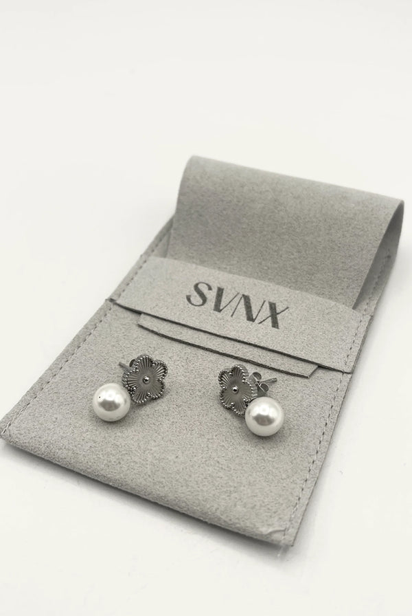 Goddiva Clover Earrings With Pearl In Silver By SVNX