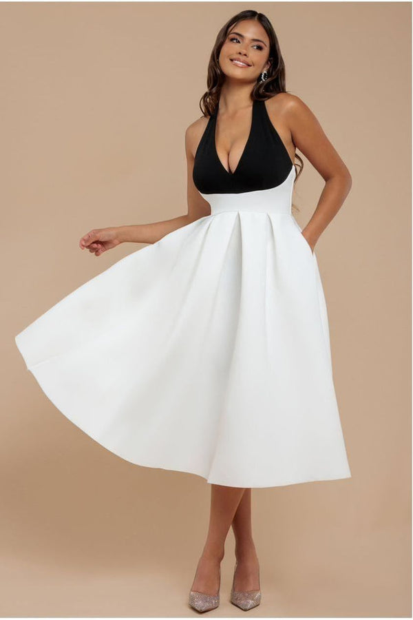 Goddiva Contrast Halter Neck Pleated A-Line Midaxi Dress - Black Cream By Goddiva