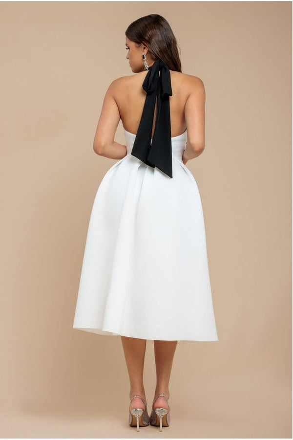 Goddiva Contrast Halter Neck Pleated A-Line Midaxi Dress - Black Cream By Goddiva