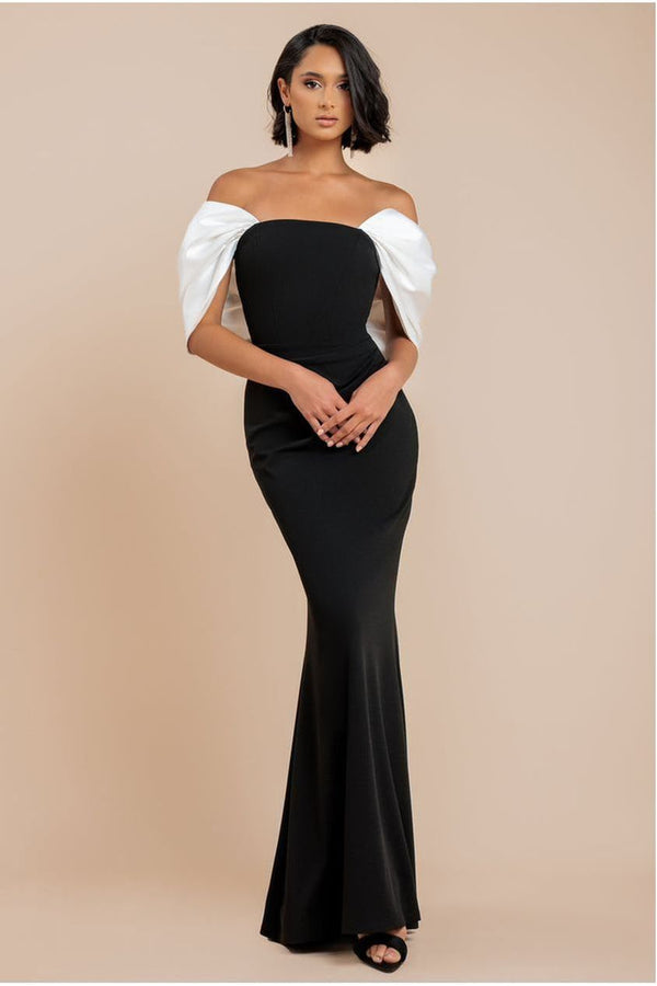 Goddiva Contrast Off Shoulder Back Satin Bow Scuba Maxi Dress - Black Cream By Goddiva