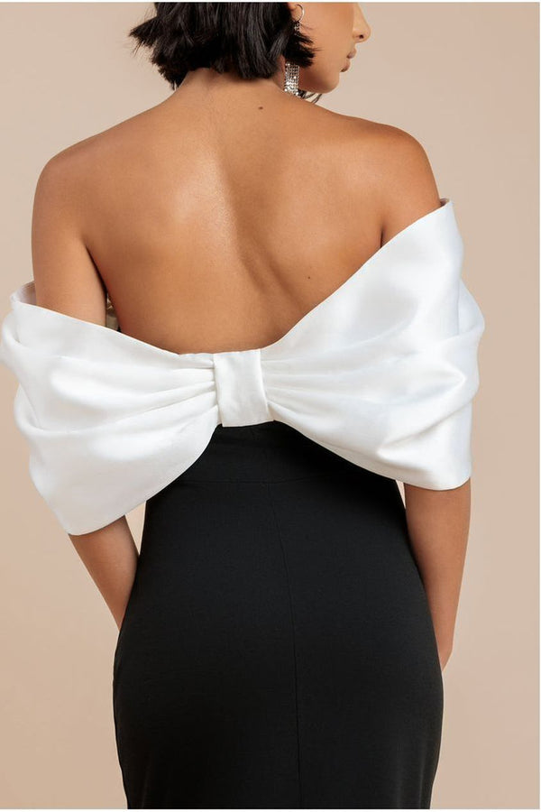 Goddiva Contrast Off Shoulder Back Satin Bow Scuba Maxi Dress - Black Cream By Goddiva