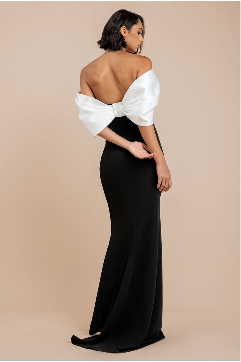 goddiva Contrast Off Shoulder Back Satin Bow Scuba Maxi Dress - Black Cream by Goddiva