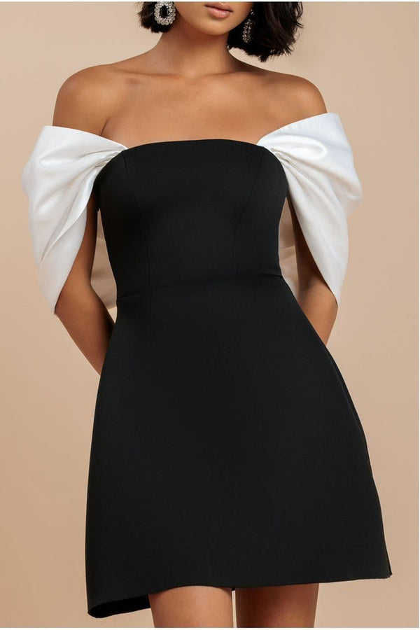 Goddiva Contrast Off Shoulder Back Satin Bow Scuba Mini Dress - Black Cream By Goddiva