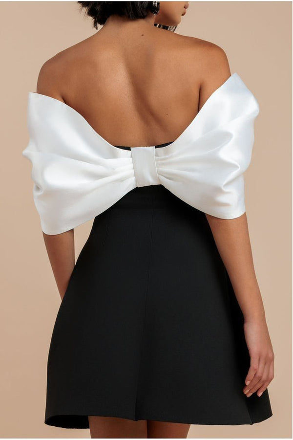 Goddiva Contrast Off Shoulder Back Satin Bow Scuba Mini Dress - Black Cream By Goddiva