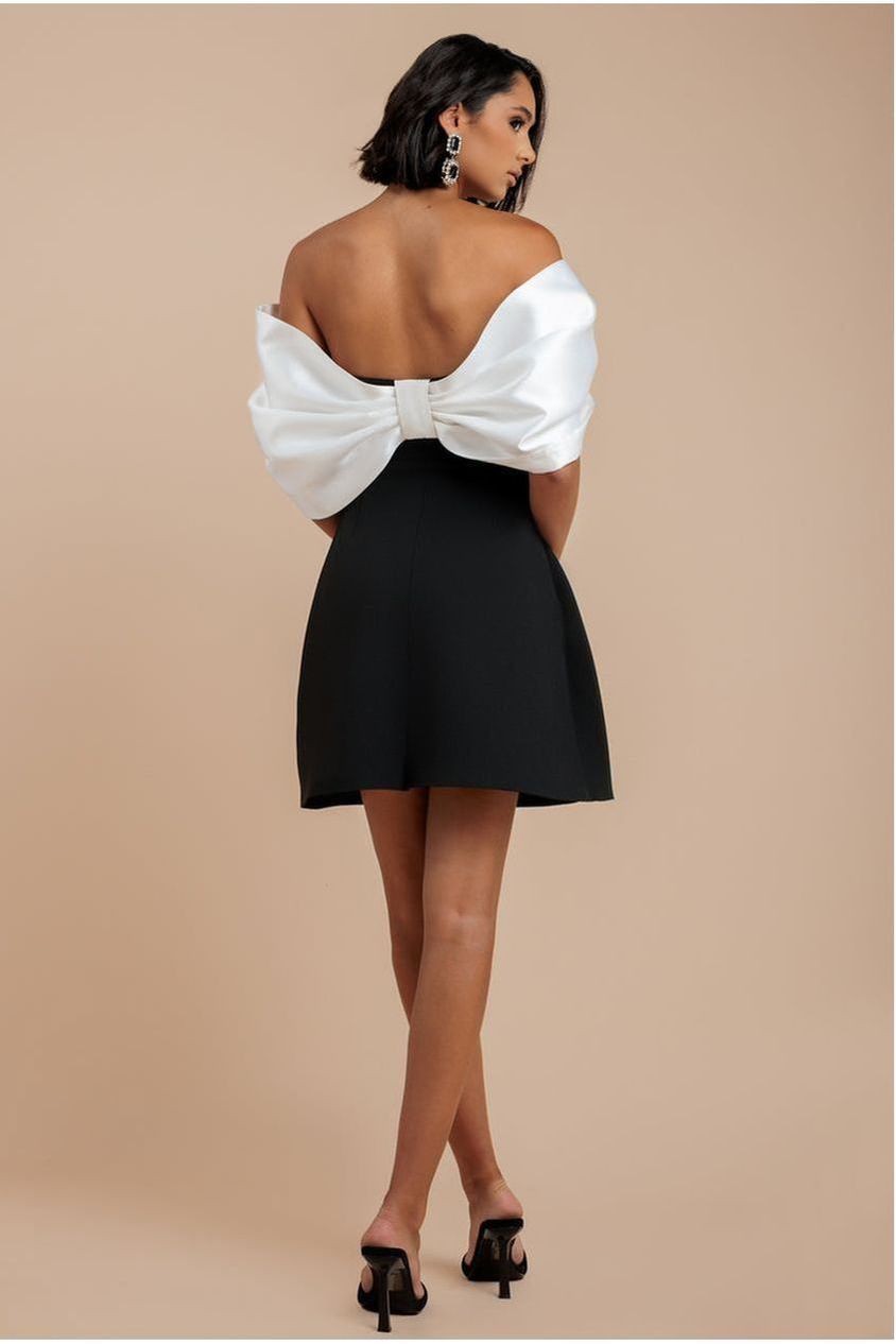 goddiva Contrast Off Shoulder Back Satin Bow Scuba Mini Dress - Black Cream by Goddiva