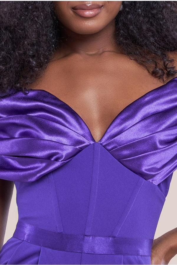 Goddiva Corset Bodice Scuba & Satin Bardot Jumpsuit - Purple By Goddiva