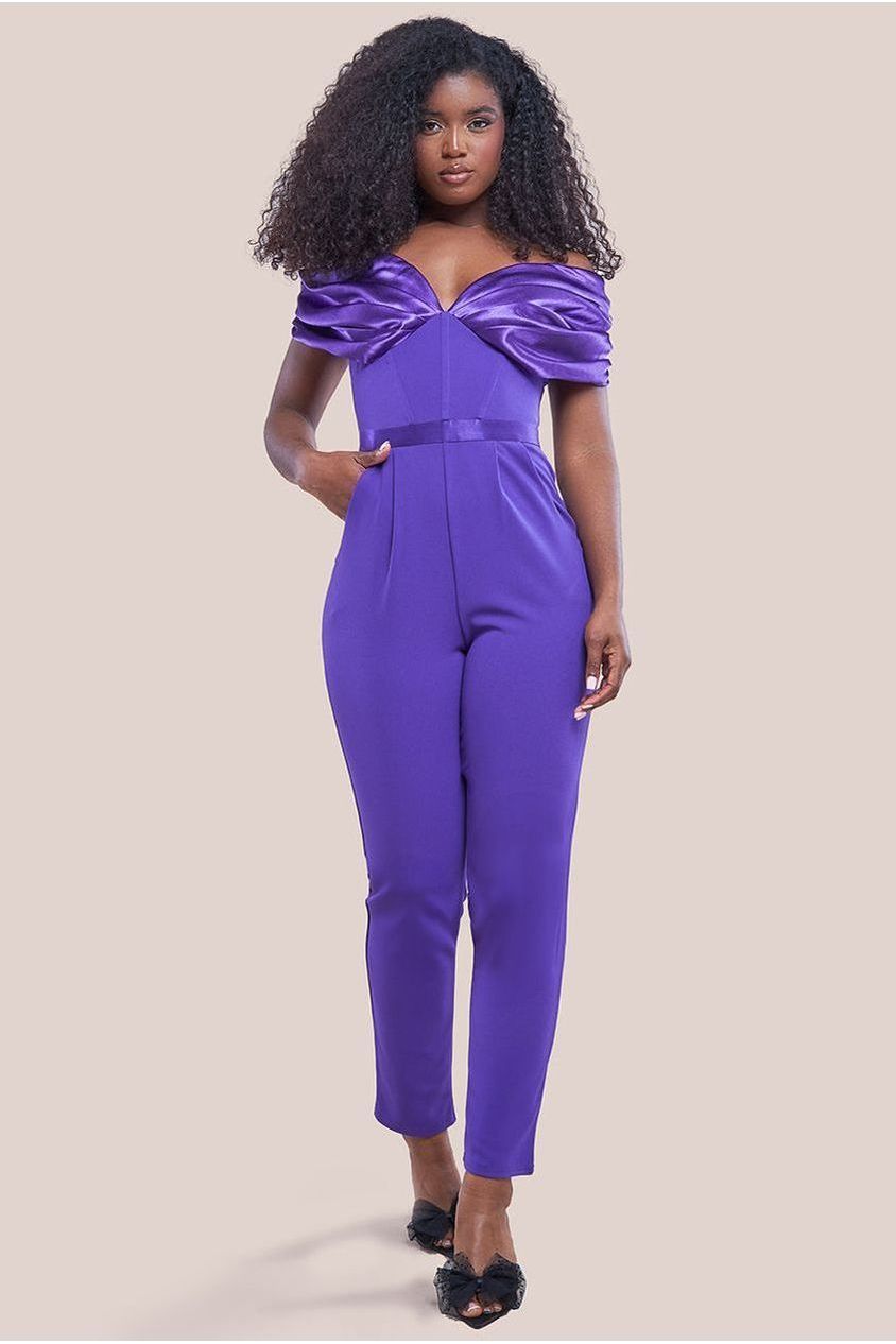 goddiva Corset Bodice Scuba & Satin Bardot Jumpsuit - Purple by Goddiva
