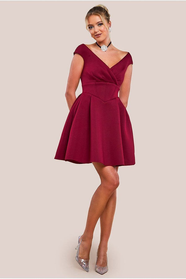 Goddiva Corset Fit & Flare Mini Dress - Wine By Goddiva