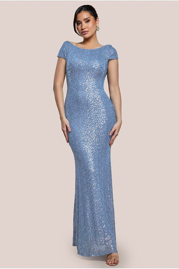 Goddiva Cowl Back Sequin Maxi Dress - Blue By Goddiva
