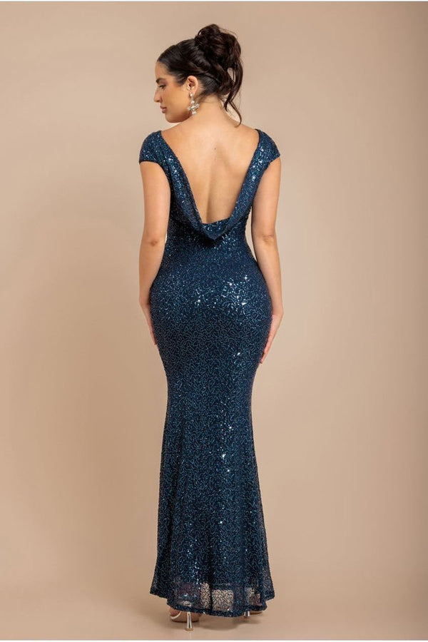 Goddiva Cowl Back Sequin Maxi Dress - Navy By Goddiva