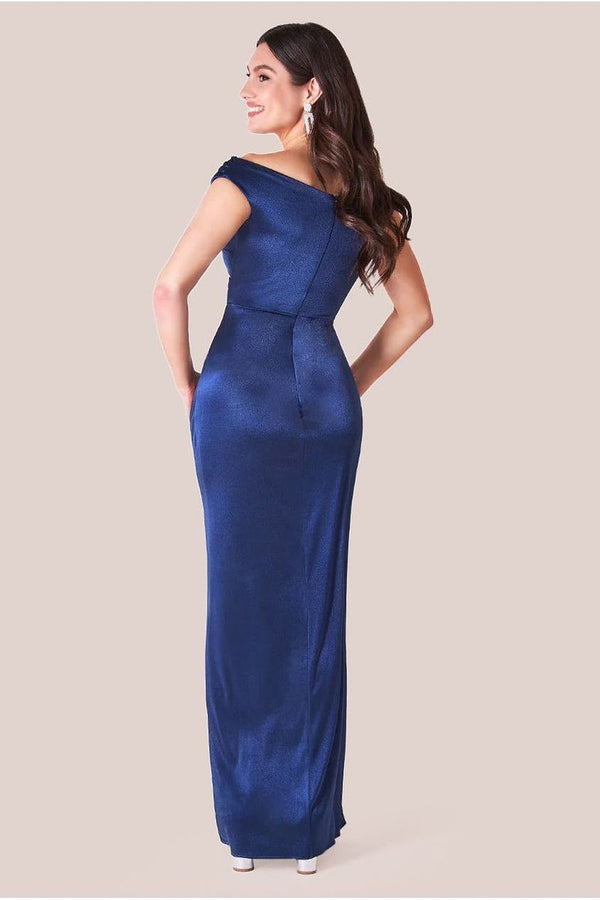 Goddiva Cowl Bardot Satin Twill Maxi Dress - Navy By Goddiva