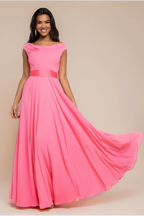 Goddiva Cowl Neck A-Line Chiffon Maxi Dress - Coral By Goddiva