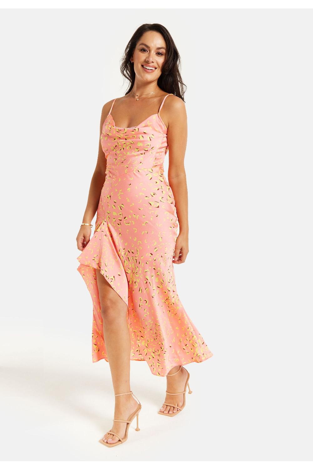 goddiva Cowl Neck Abstract Animal Print Dress In Peach by Liquorish