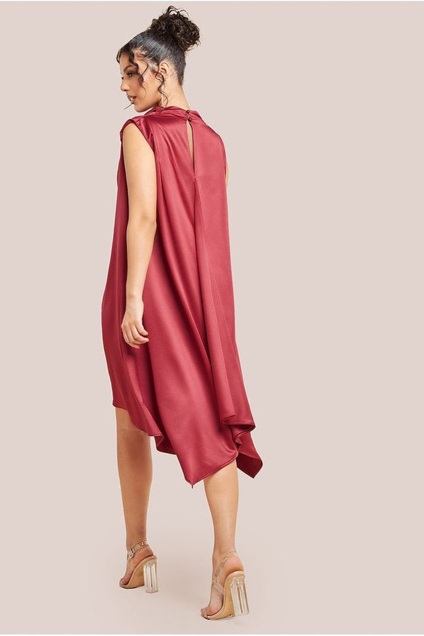 Goddiva Cowl Neck Back Wing Satin High Low Midi Dress - Berry By Goddiva