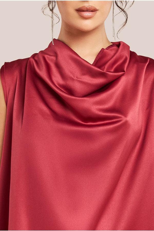 Goddiva Cowl Neck Back Wing Satin High Low Midi Dress - Berry By Goddiva