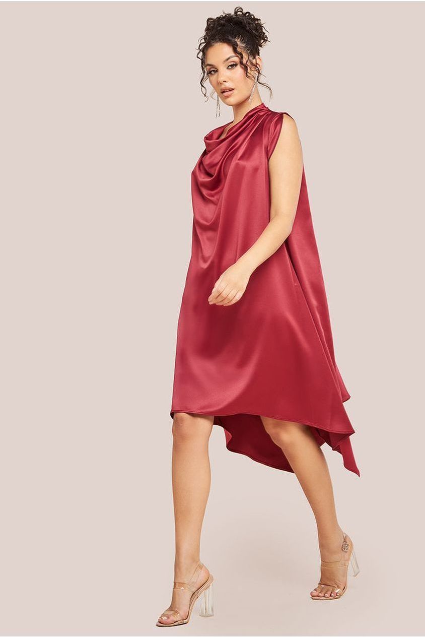 goddiva Cowl Neck Back Wing Satin High Low Midi Dress - Berry by Goddiva