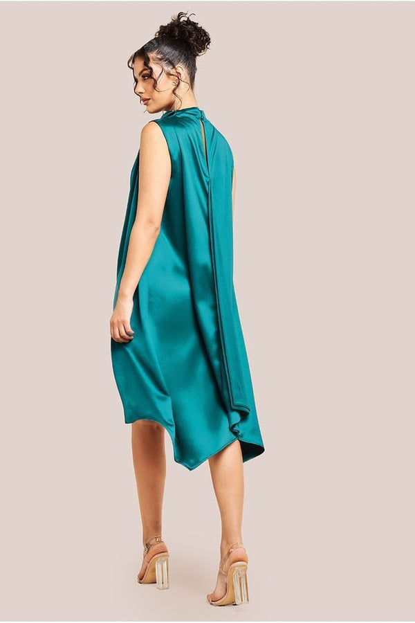Goddiva Cowl Neck Back Wing Satin High Low Midi Dress - Emerald Green By Goddiva
