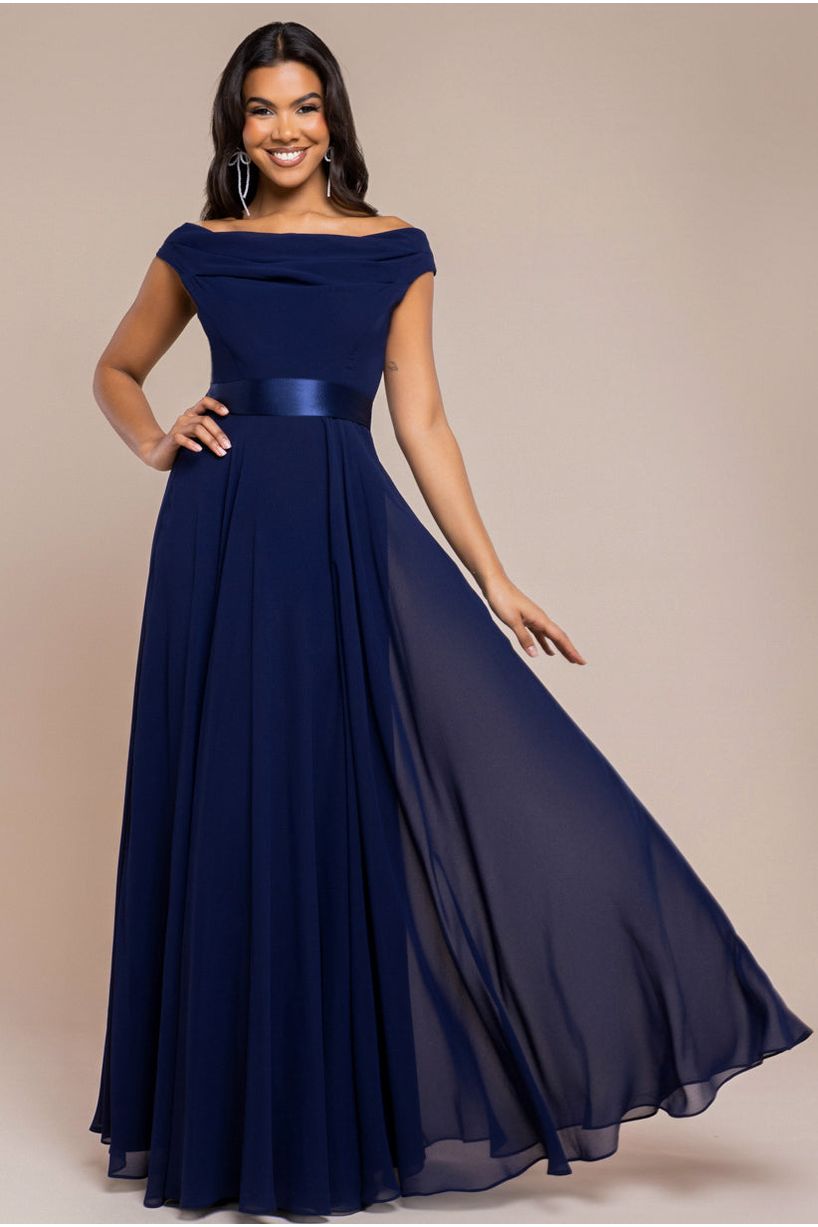 goddiva Cowl Neck Chiffon Maxi Dress - Navy Blue by Goddiva