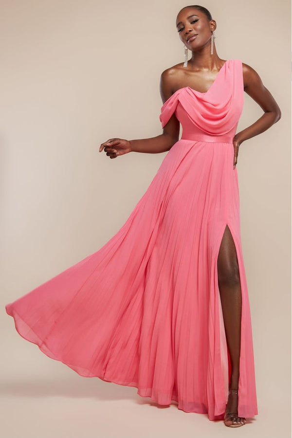 Goddiva Cowl Neck One Shoulder A Line Chiffon Maxi Dress - Coral By Goddiva