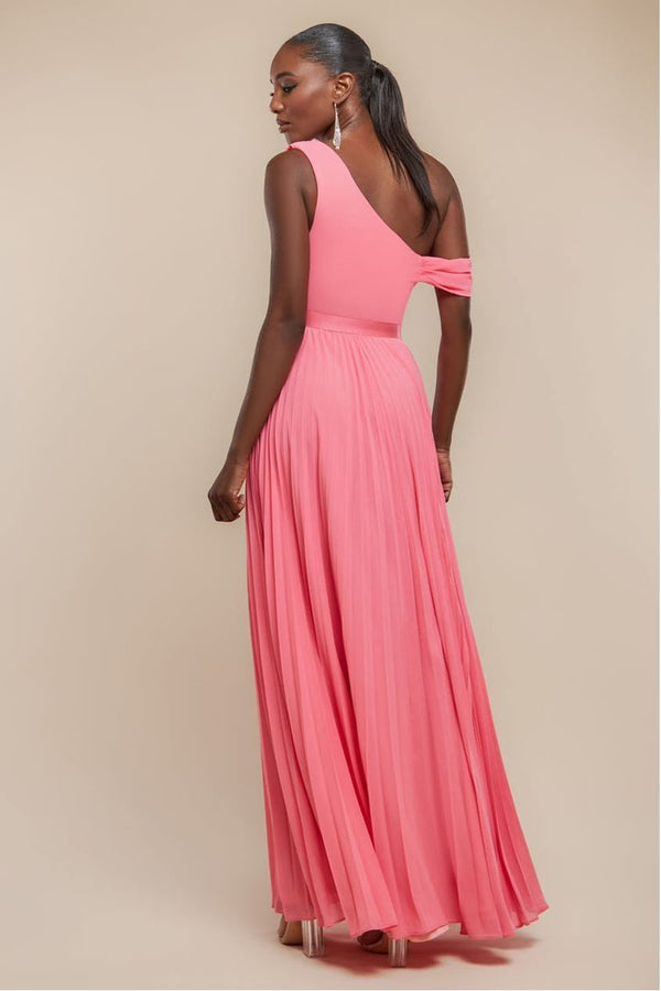 Goddiva Cowl Neck One Shoulder A Line Chiffon Maxi Dress - Coral By Goddiva