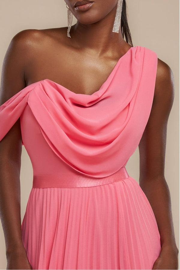 Goddiva Cowl Neck One Shoulder A Line Chiffon Maxi Dress - Coral By Goddiva