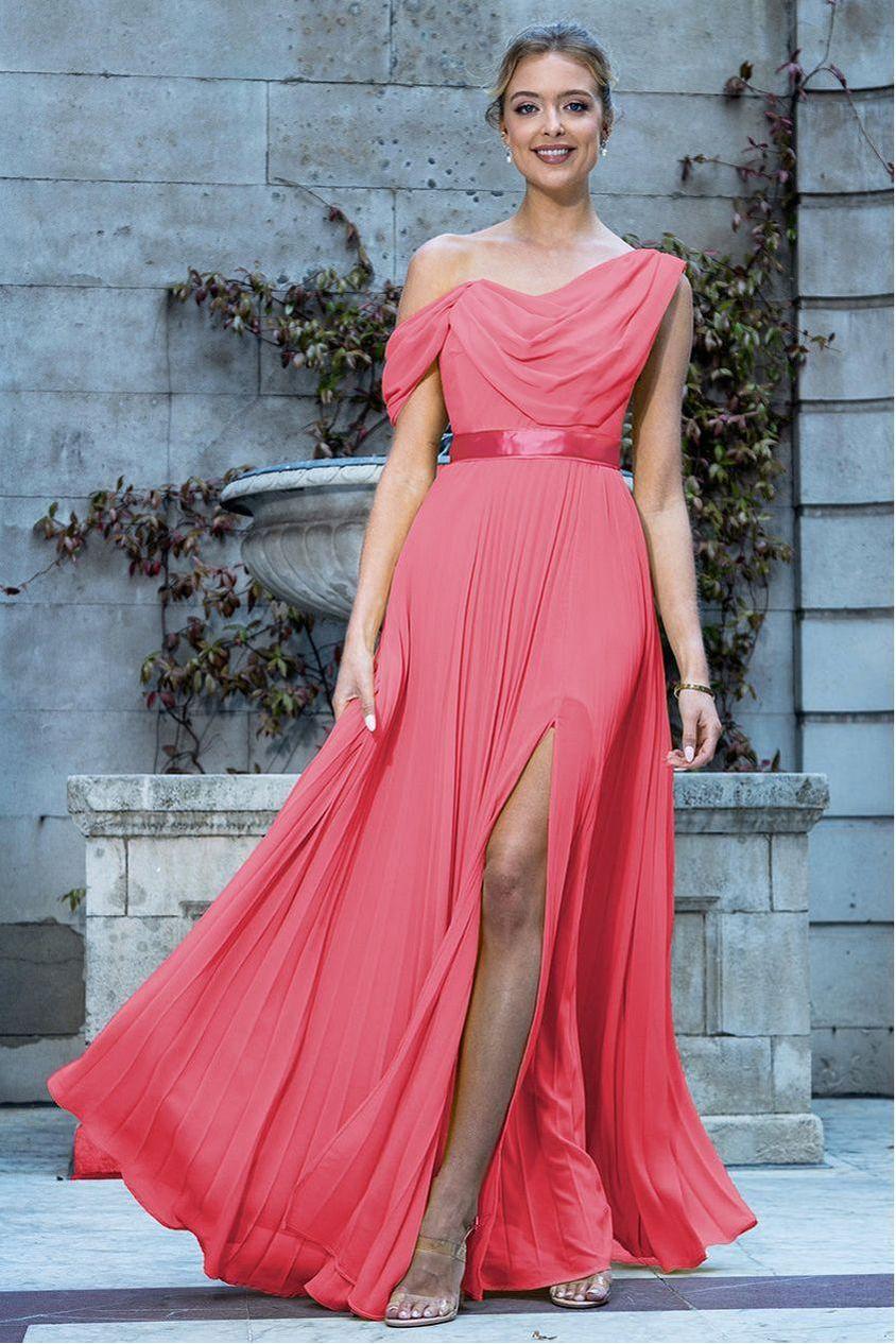 goddiva Cowl Neck One Shoulder A Line Chiffon Maxi Dress - Coral by Goddiva