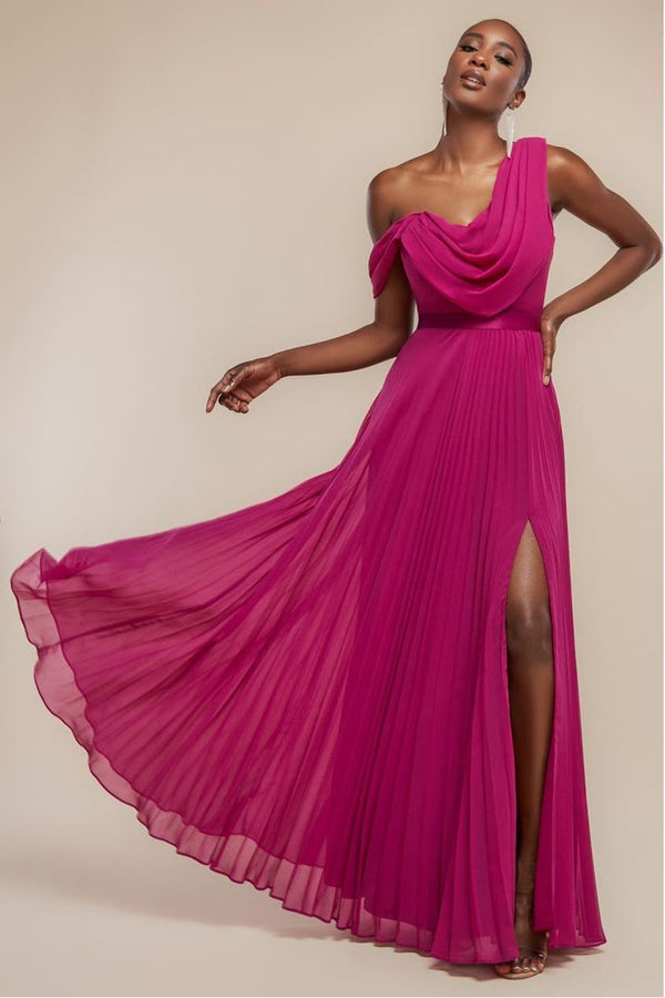 Goddiva Cowl Neck One Shoulder A Line Chiffon Maxi Dress - Magenta By Goddiva