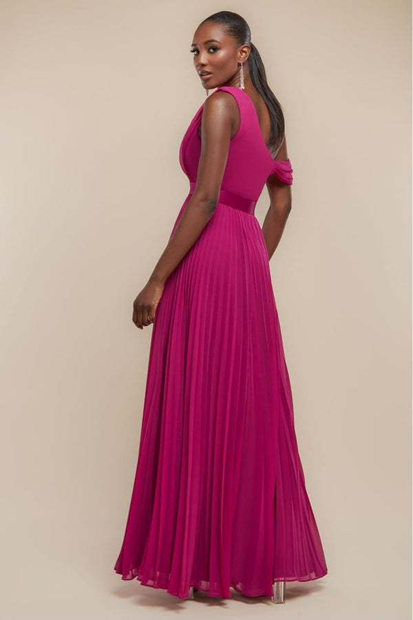 Goddiva Cowl Neck One Shoulder A Line Chiffon Maxi Dress - Magenta By Goddiva