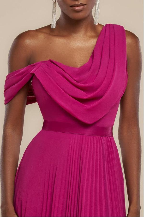 Goddiva Cowl Neck One Shoulder A Line Chiffon Maxi Dress - Magenta By Goddiva