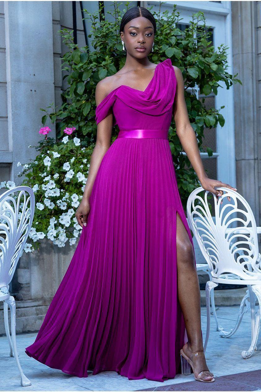 goddiva Cowl Neck One Shoulder A Line Chiffon Maxi Dress - Magenta by Goddiva